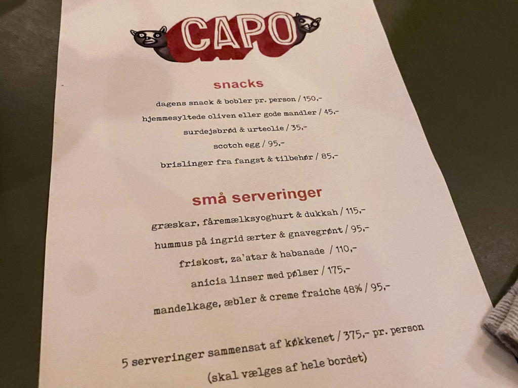 Menukortet en aften hos CAPO Vin & Mad bar